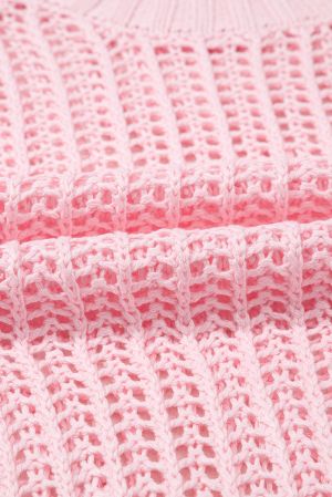 Pink Hollow-out Crochet Side Tied Short Sleeve Sweater