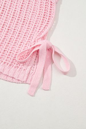 Pink Hollow-out Crochet Side Tied Short Sleeve Sweater