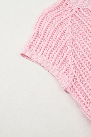 Pink Hollow-out Crochet Side Tied Short Sleeve Sweater