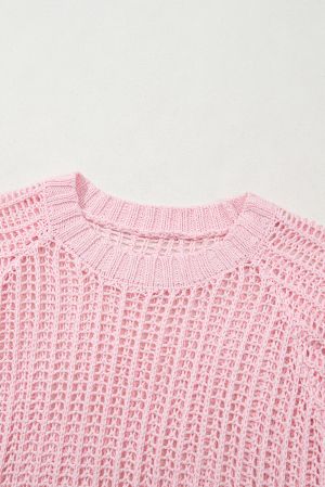Pink Hollow-out Crochet Side Tied Short Sleeve Sweater