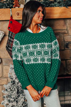 Green Christmas Snowflake Pattern Drop Shoulder Plus Size Sweater
