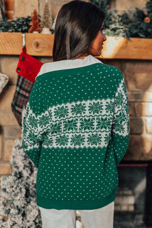 Green Christmas Snowflake Pattern Drop Shoulder Plus Size Sweater