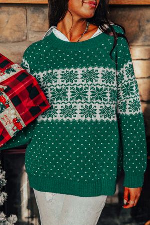 Green Christmas Snowflake Pattern Drop Shoulder Plus Size Sweater