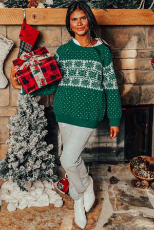 Green Christmas Snowflake Pattern Drop Shoulder Plus Size Sweater