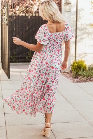 White Floral Maxi Dress with Square Neck and Puff Sleeves