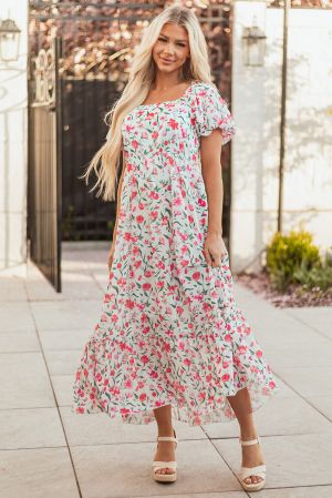 White Floral Maxi Dress with Square Neck and Puff Sleeves