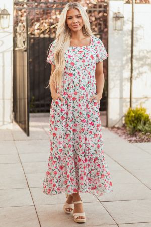 White Floral Maxi Dress with Square Neck and Puff Sleeves