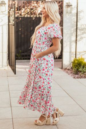 White Floral Maxi Dress with Square Neck and Puff Sleeves