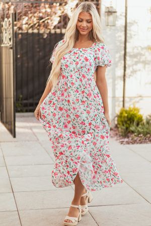 White Floral Maxi Dress with Square Neck and Puff Sleeves