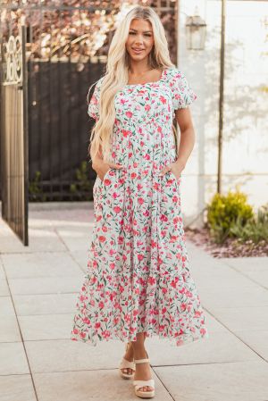 White Floral Maxi Dress with Square Neck and Puff Sleeves