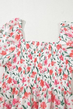 White Floral Maxi Dress with Square Neck and Puff Sleeves