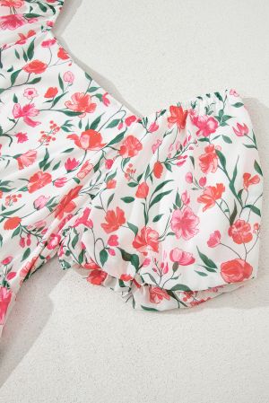 White Floral Maxi Dress with Square Neck and Puff Sleeves
