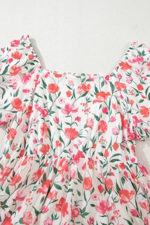 White Floral Maxi Dress with Square Neck and Puff Sleeves