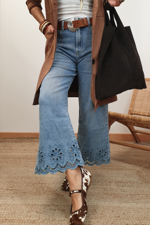 Blue Embroidered High Waist Wide Leg Cropped Jeans