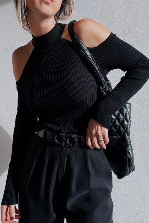 Black Ribbed Sweater with Open Shoulders