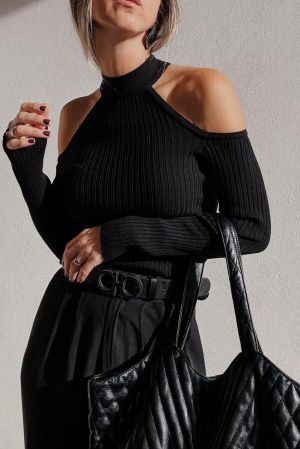 Black Ribbed Sweater with Open Shoulders