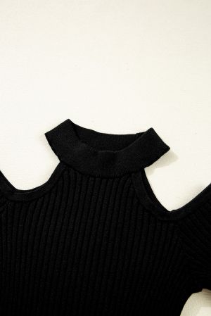 Black Ribbed Sweater with Open Shoulders