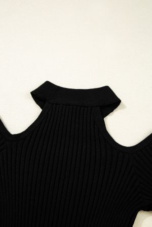 Black Ribbed Sweater with Open Shoulders