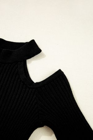 Black Ribbed Sweater with Open Shoulders