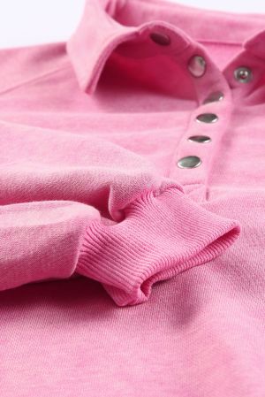 Pink Washed Snap Buttons Lantern Sleeve Pullover Sweatshirt
