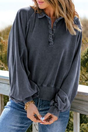 Dark Blue Washed Snap Buttons Lantern Sleeve Pullover Sweatshirt