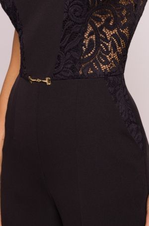 Luxury Black Jumpsuit with Lace Panels and Elegant Detail
