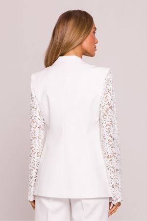 Luxury White Blazer with Lace Sleeves and Single‑Button Closure