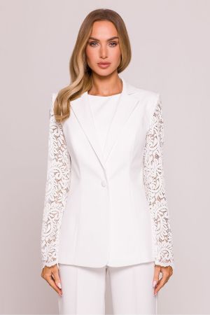 Luxury White Blazer with Lace Sleeves and Single‑Button Closure