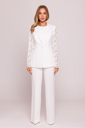 Luxury White Blazer with Lace Sleeves and Single‑Button Closure