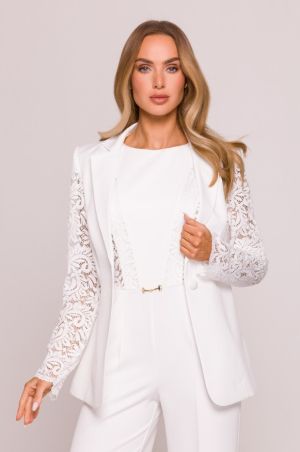 Luxury White Blazer with Lace Sleeves and Single‑Button Closure