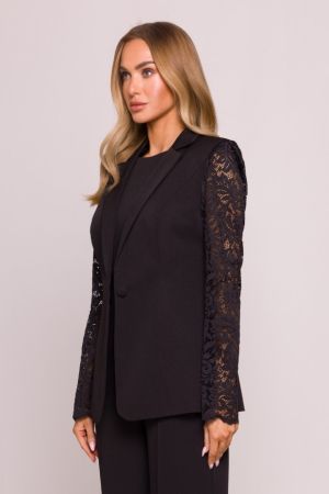 Luxury Black Blazer with Lace Sleeves and Single‑Button Closure