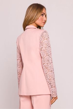Luxury Pink Blazer with Lace Sleeves and Single‑Button Closure