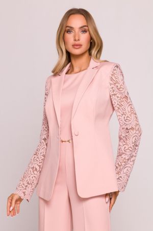 Luxury Pink Blazer with Lace Sleeves and Single‑Button Closure