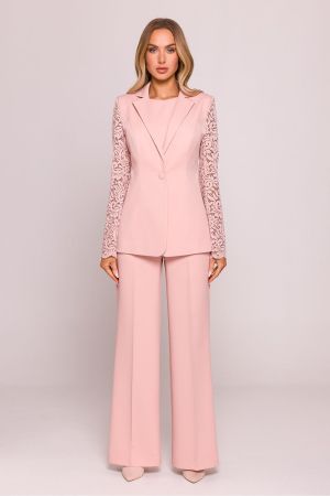 Luxury Pink Blazer with Lace Sleeves and Single‑Button Closure