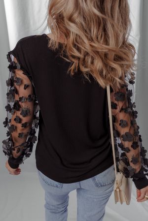 Black Top with Sheer Sleeves and 3D Flowers