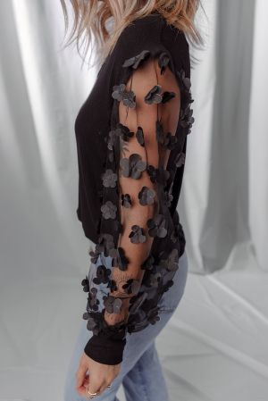 Black Top with Sheer Sleeves and 3D Flowers