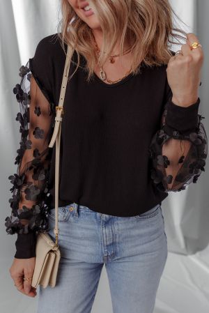 Black Top with Sheer Sleeves and 3D Flowers