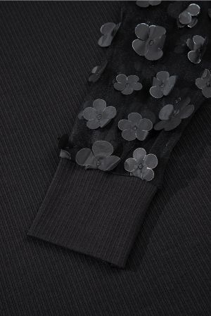 Black Top with Sheer Sleeves and 3D Flowers