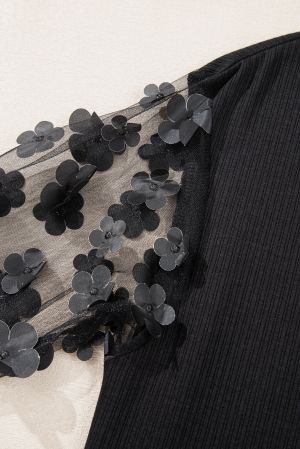 Black Top with Sheer Sleeves and 3D Flowers
