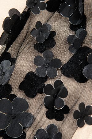 Black Top with Sheer Sleeves and 3D Flowers