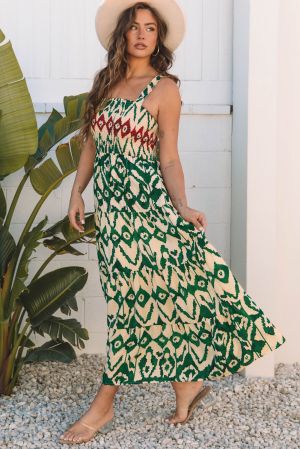Summer Maxi Dress with Green Ethnic Print and Smocked Top