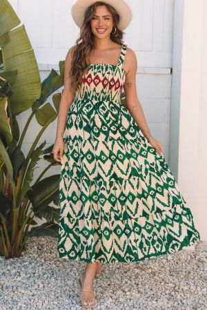Summer Maxi Dress with Green Ethnic Print and Smocked Top