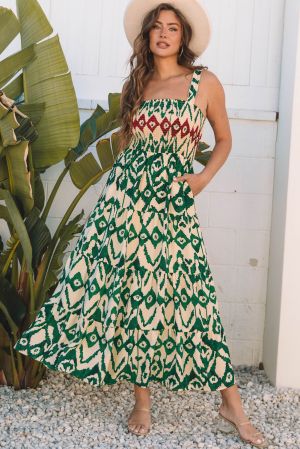 Summer Maxi Dress with Green Ethnic Print and Smocked Top