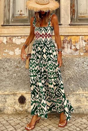 Summer Maxi Dress with Green Ethnic Print and Smocked Top