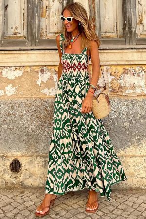 Summer Maxi Dress with Green Ethnic Print and Smocked Top