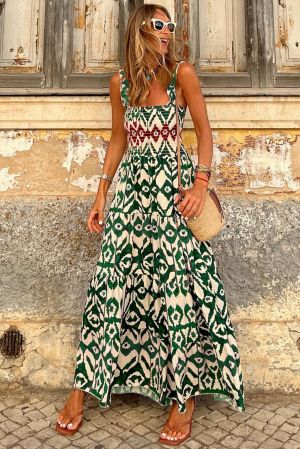 Summer Maxi Dress with Green Ethnic Print and Smocked Top