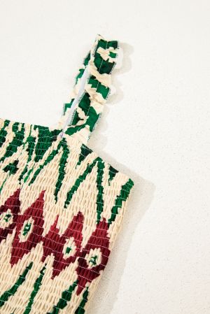 Summer Maxi Dress with Green Ethnic Print and Smocked Top
