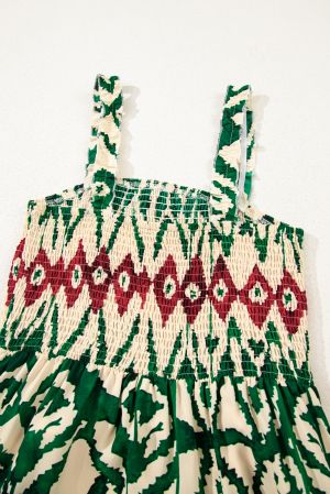 Summer Maxi Dress with Green Ethnic Print and Smocked Top