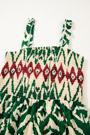 Summer Maxi Dress with Green Ethnic Print and Smocked Top