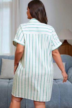 Plus Size Green Striped Short Sleeve Buttoned Shirt Dress - 100% Cotton